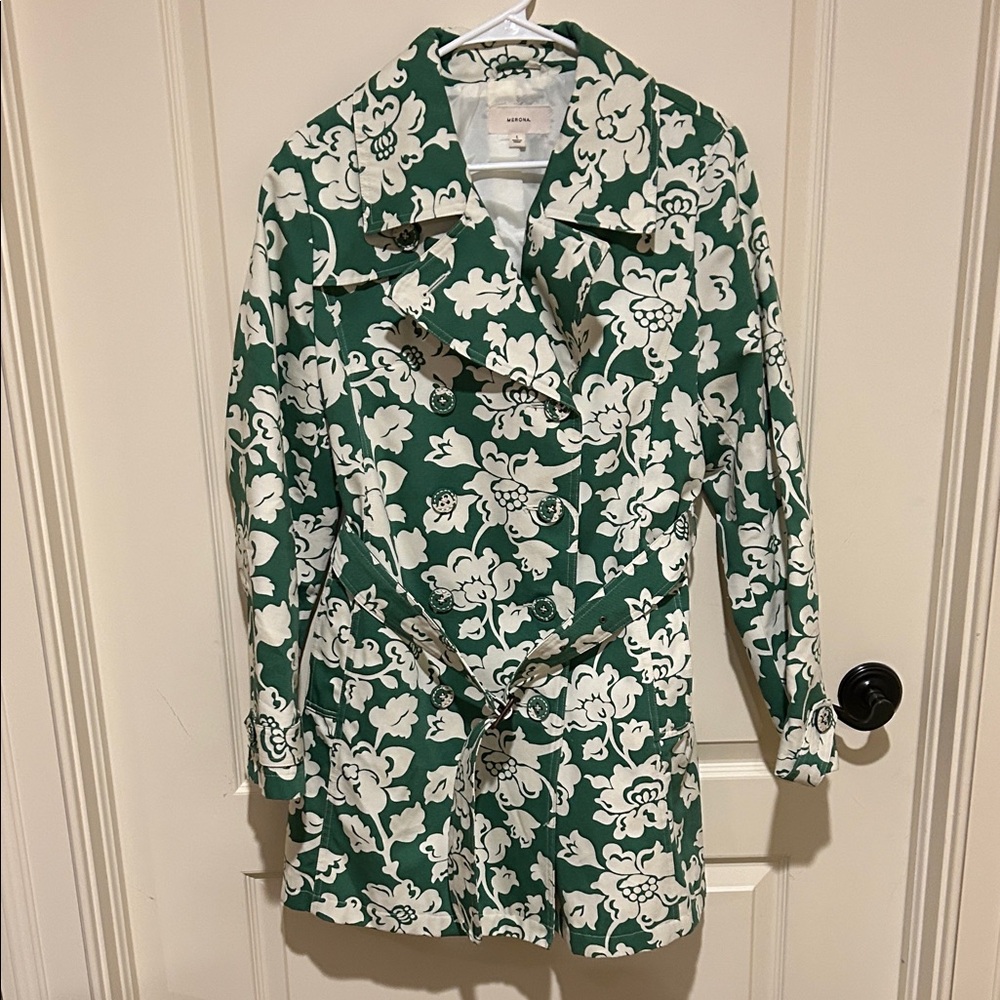 Merona Green and White Floral Trench Coat